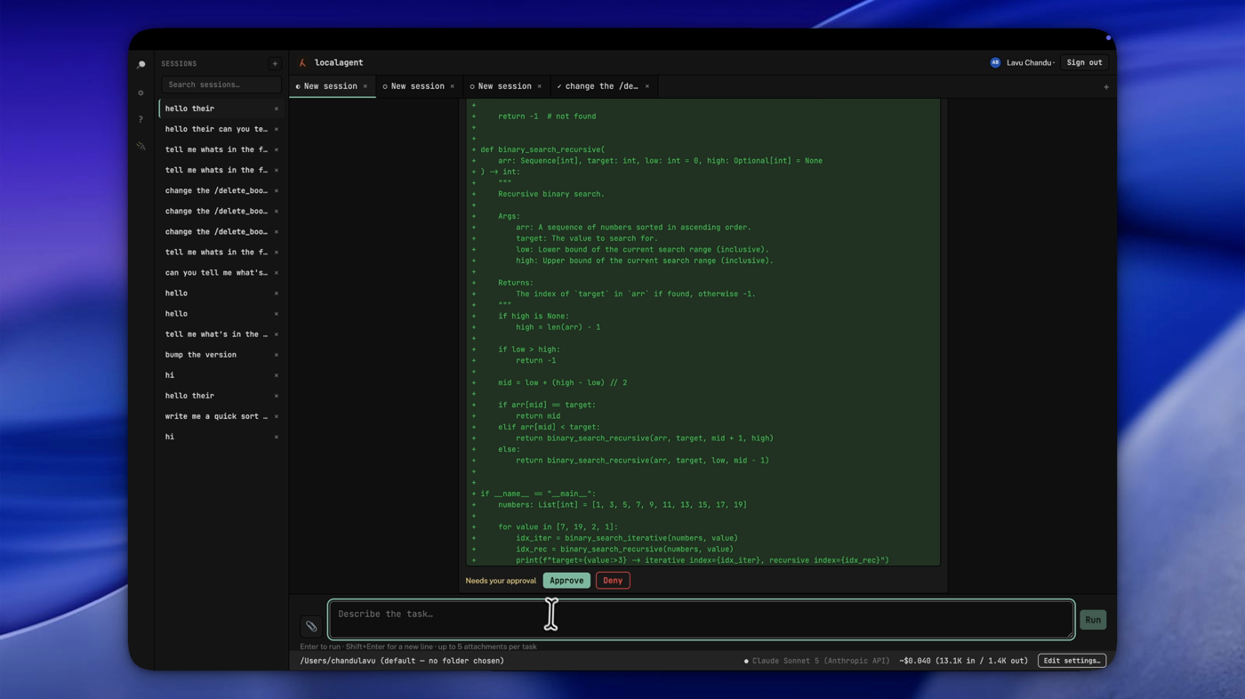 A real colored diff waiting for approval before localagent writes binary_search.py