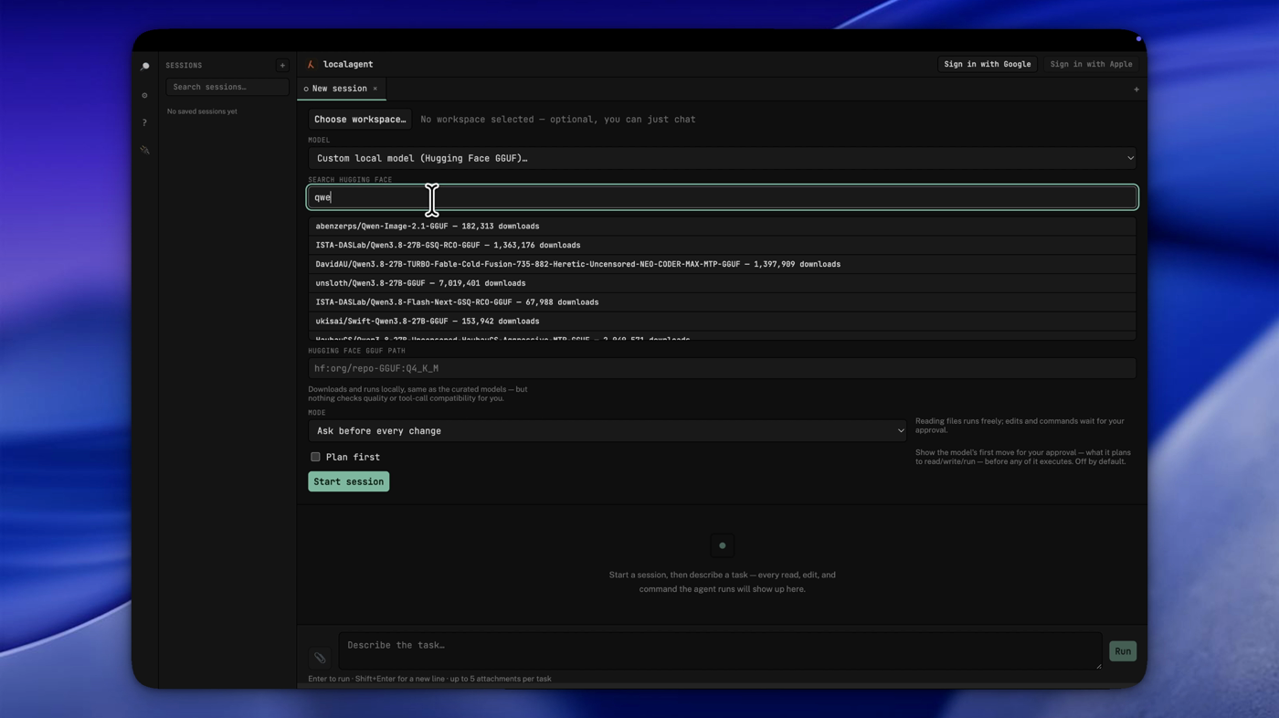 Searching Hugging Face's GGUF listings from inside localagent's model picker