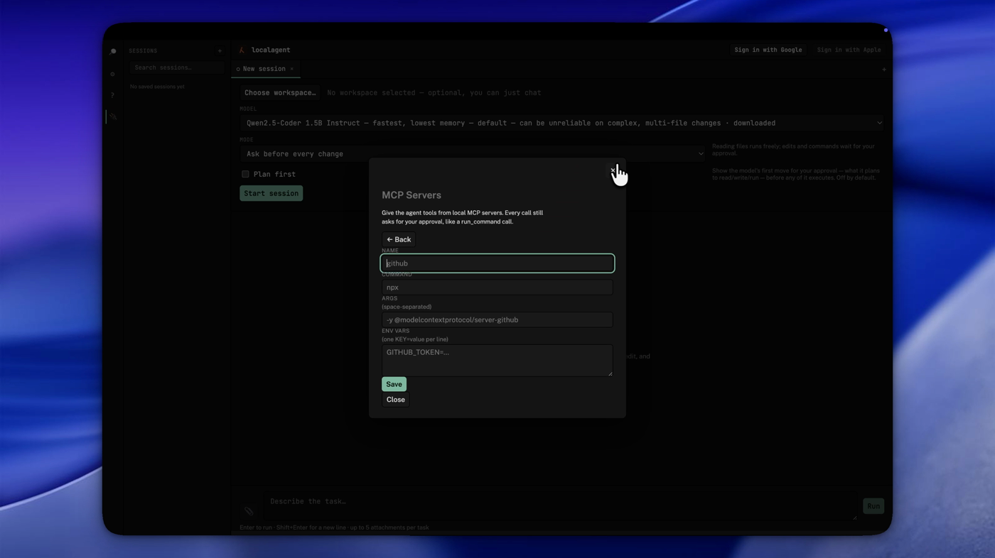 Adding a GitHub MCP server in localagent's MCP Servers panel